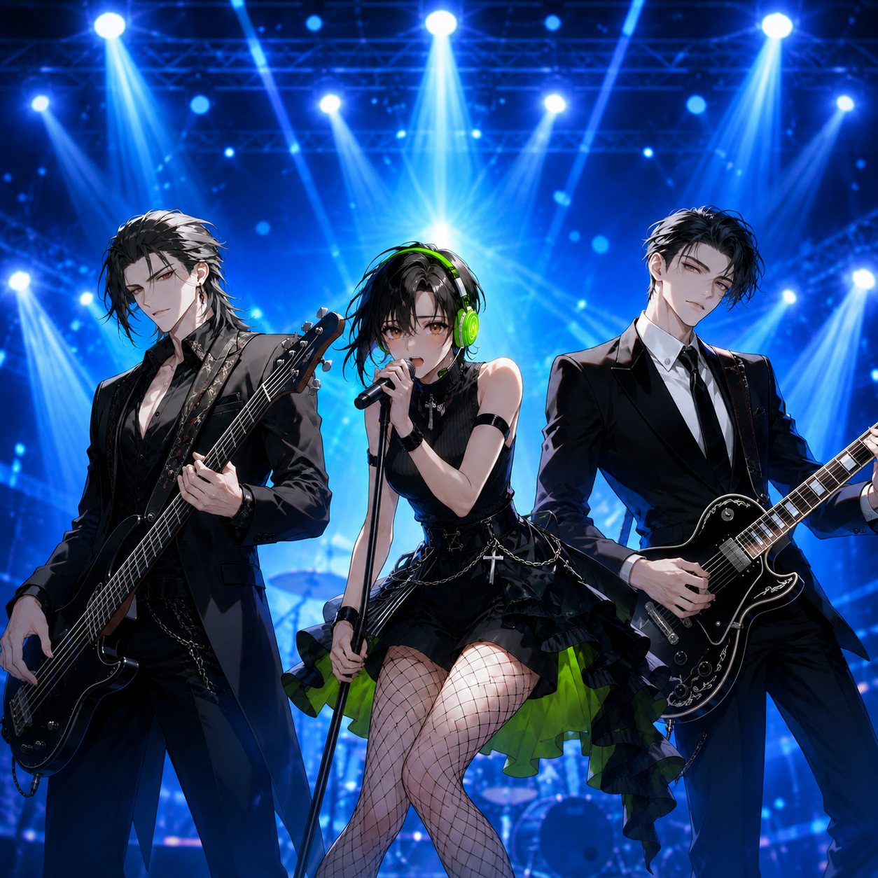 バンド「Suger Tail」のステージビジュアル。青いライトに照らされたステージで、ベース・ボーカル・ギターの三人が演奏している。